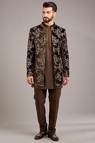 Coffee Brown Velvet Embroidered Indowestern Set by Sawan Gandhi Men