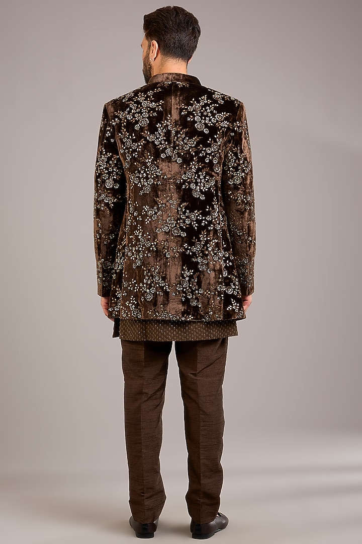 Coffee Brown Velvet Embroidered Groom Indowestern Set by Sawan Gandhi Men at Pernia's Pop Up Shop