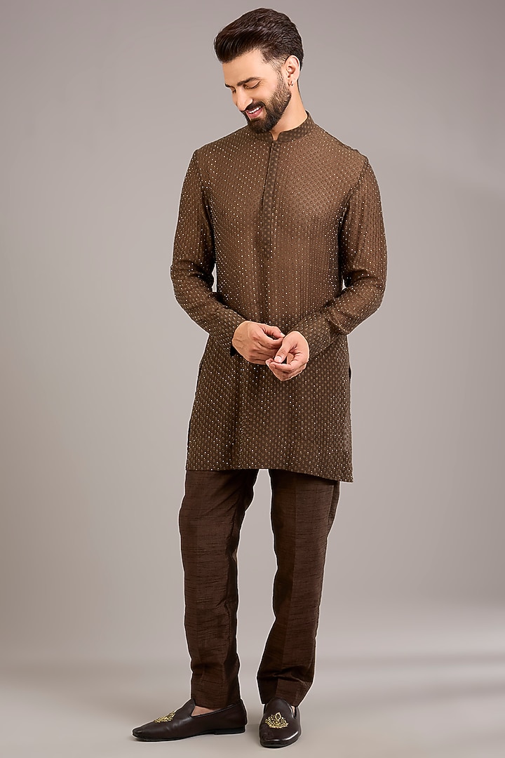 Coffee Brown Velvet Embroidered Groom Indowestern Set by Sawan Gandhi Men at Pernia's Pop Up Shop