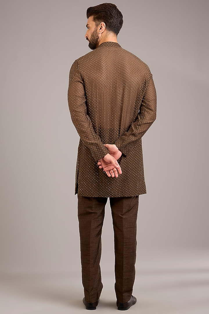 Coffee Brown Velvet Embroidered Groom Indowestern Set by Sawan Gandhi Men at Pernia's Pop Up Shop