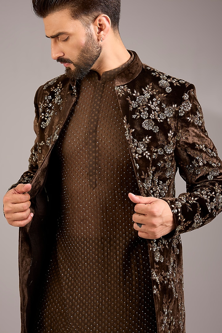 Coffee Brown Velvet Embroidered Groom Indowestern Set by Sawan Gandhi Men at Pernia's Pop Up Shop