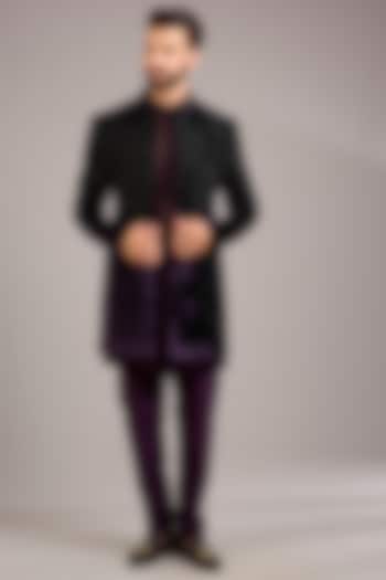 Purple Velvet Embroidered Groom Indowestern Set by Sawan Gandhi Men at Pernia's Pop Up Shop