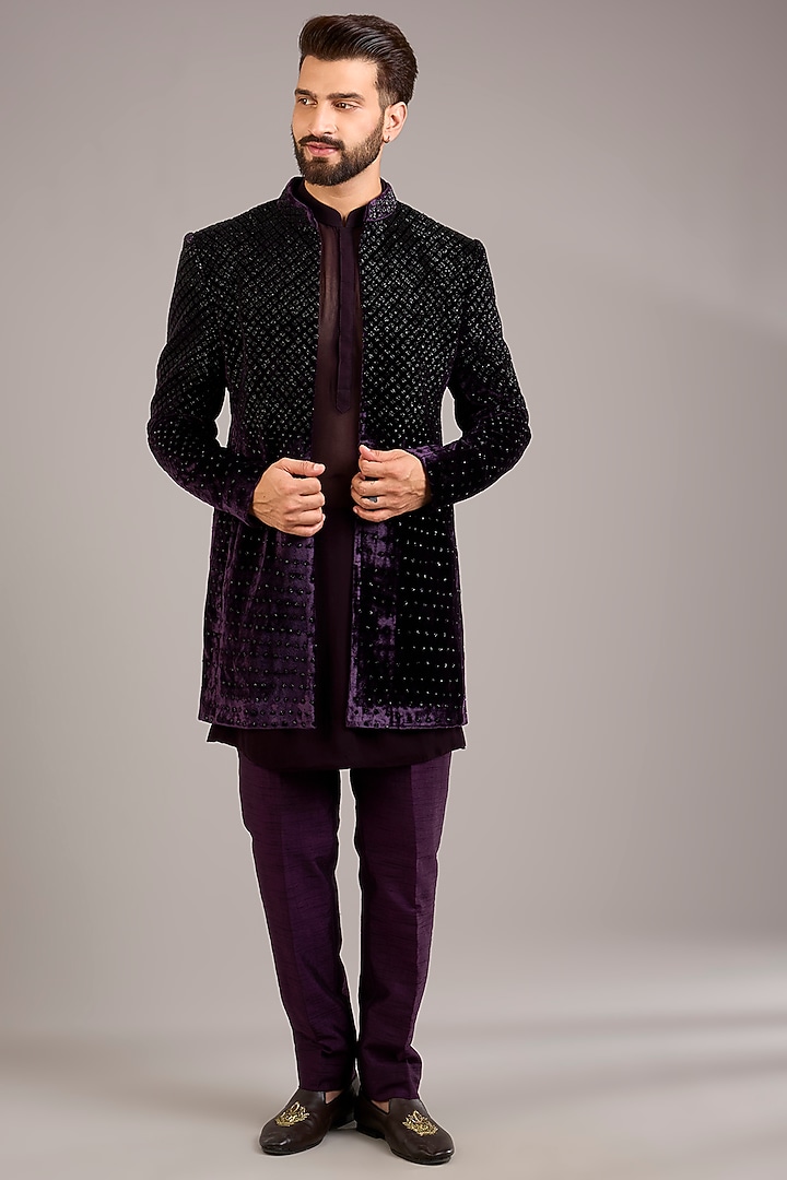 Purple Velvet Embroidered Groom Indowestern Set by Sawan Gandhi Men at Pernia's Pop Up Shop