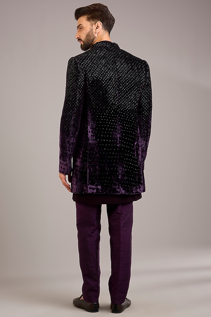 Purple Velvet Embroidered Groom Indowestern Set by Sawan Gandhi Men at Pernia's Pop Up Shop
