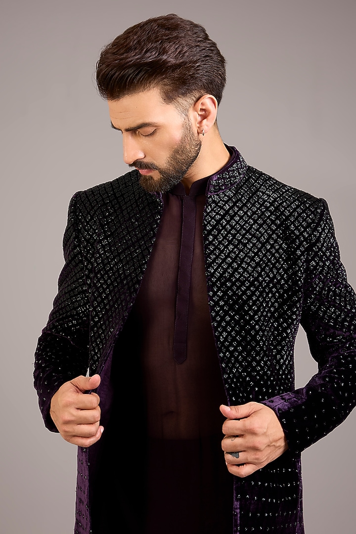 Purple Velvet Embroidered Groom Indowestern Set by Sawan Gandhi Men at Pernia's Pop Up Shop