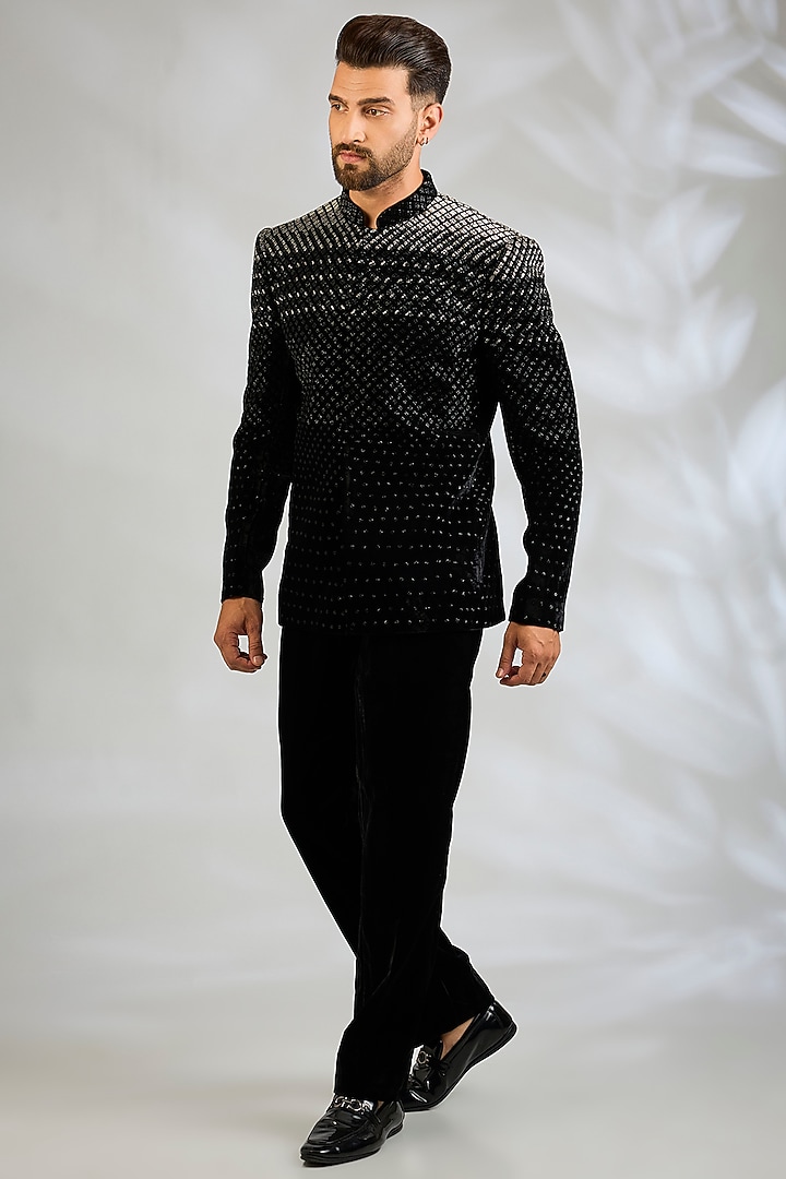 Black Velvet Groom Bandhgala Set by Sawan Gandhi Men at Pernia's Pop Up Shop