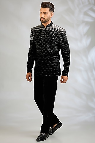 Black Velvet Bandhgala Set by Sawan Gandhi Men