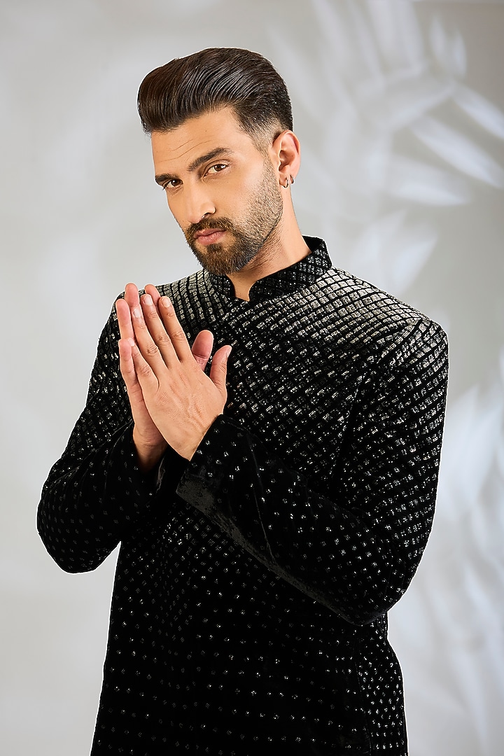 Black Velvet Groom Bandhgala Set by Sawan Gandhi Men at Pernia's Pop Up Shop