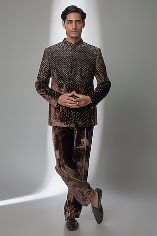 Brown Velvet Bandhgala Set by Sawan Gandhi Men