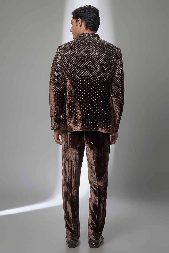 Brown Velvet Groom Bandhgala Set by Sawan Gandhi Men at Pernia's Pop Up Shop