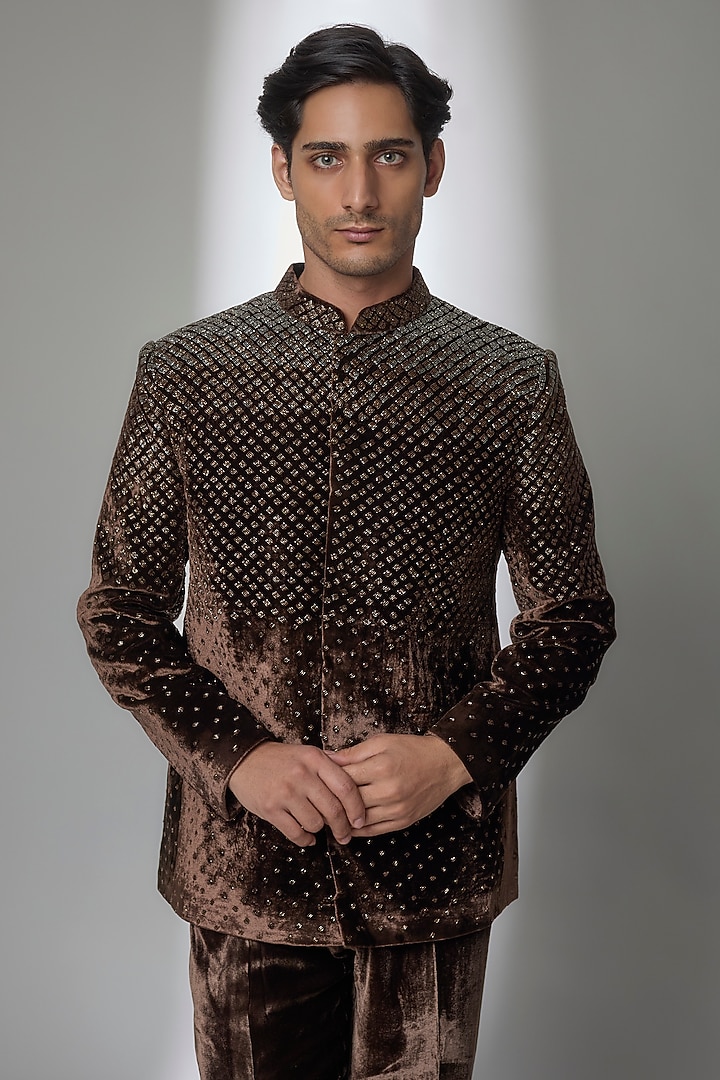 Brown Velvet Groom Bandhgala Set by Sawan Gandhi Men at Pernia's Pop Up Shop