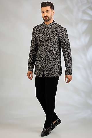 Navy Blue Velvet Bandhgala Set by Sawan Gandhi Men