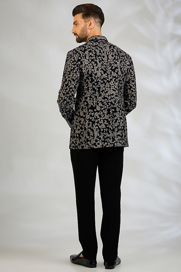 Navy Blue Velvet Groom Bandhgala Set by Sawan Gandhi Men at Pernia's Pop Up Shop
