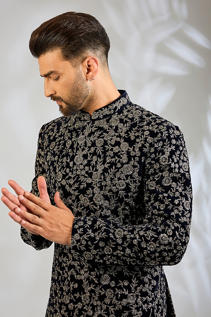 Navy Blue Velvet Groom Bandhgala Set by Sawan Gandhi Men at Pernia's Pop Up Shop