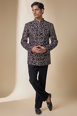 Wine Velvet Bandhgala by Sawan Gandhi Men