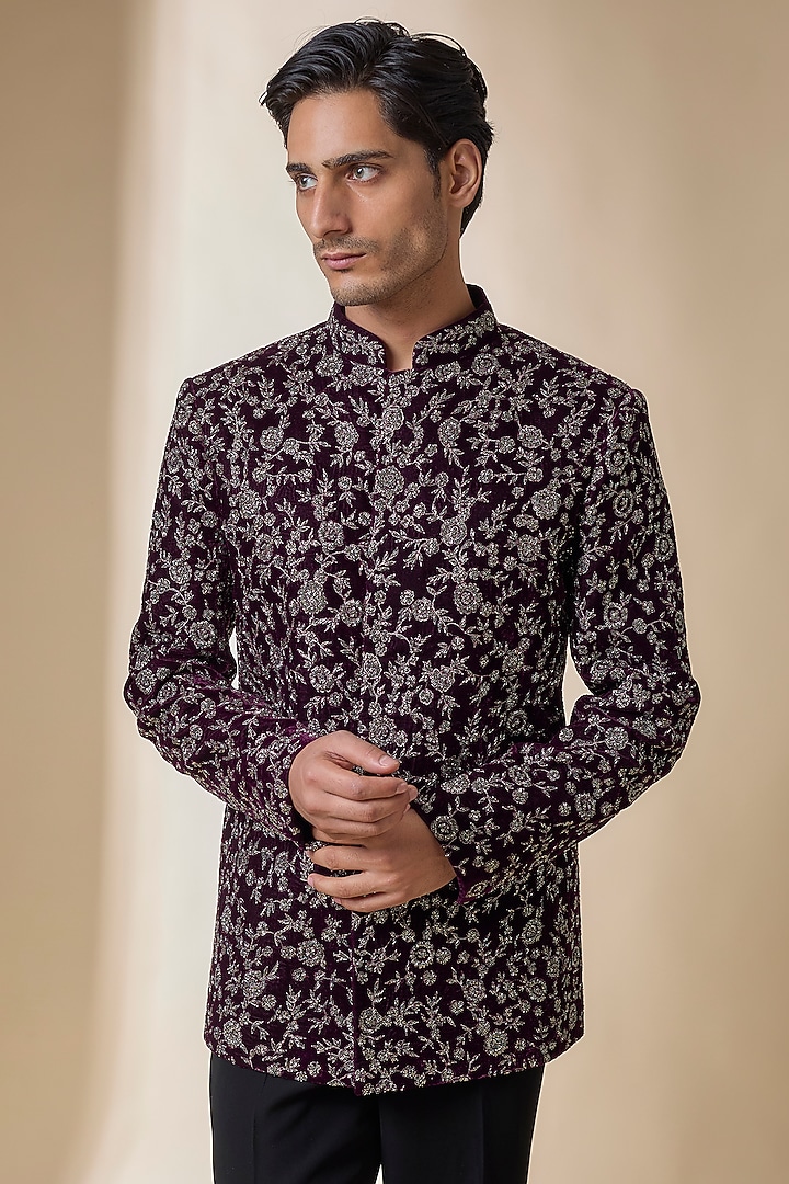 Wine Velvet Groom Bandhgala by Sawan Gandhi Men at Pernia's Pop Up Shop
