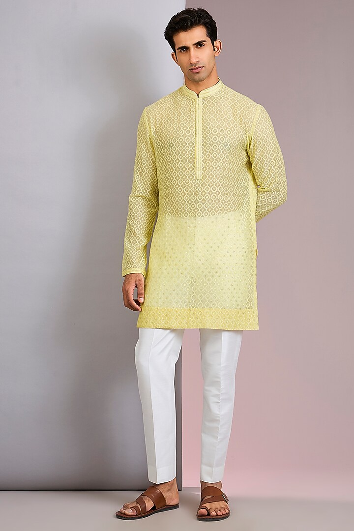Lemon Yellow Chanderi Kurta Set by Sawan Gandhi Men at Pernia's Pop Up Shop