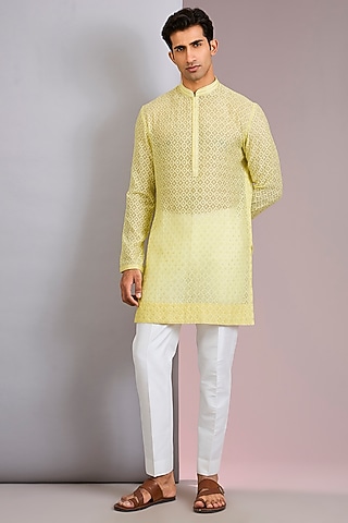 Lemon Yellow Chanderi Kurta Set by Sawan Gandhi Men