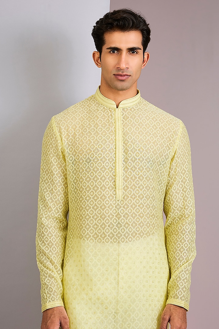 Lemon Yellow Chanderi Kurta Set by Sawan Gandhi Men at Pernia's Pop Up Shop
