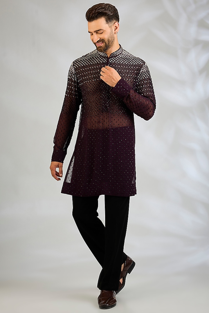 Wine Georgette Kurta Set by Sawan Gandhi Men at Pernia's Pop Up Shop