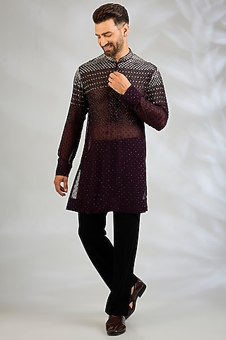 Wine Georgette Kurta Set by Sawan Gandhi Men