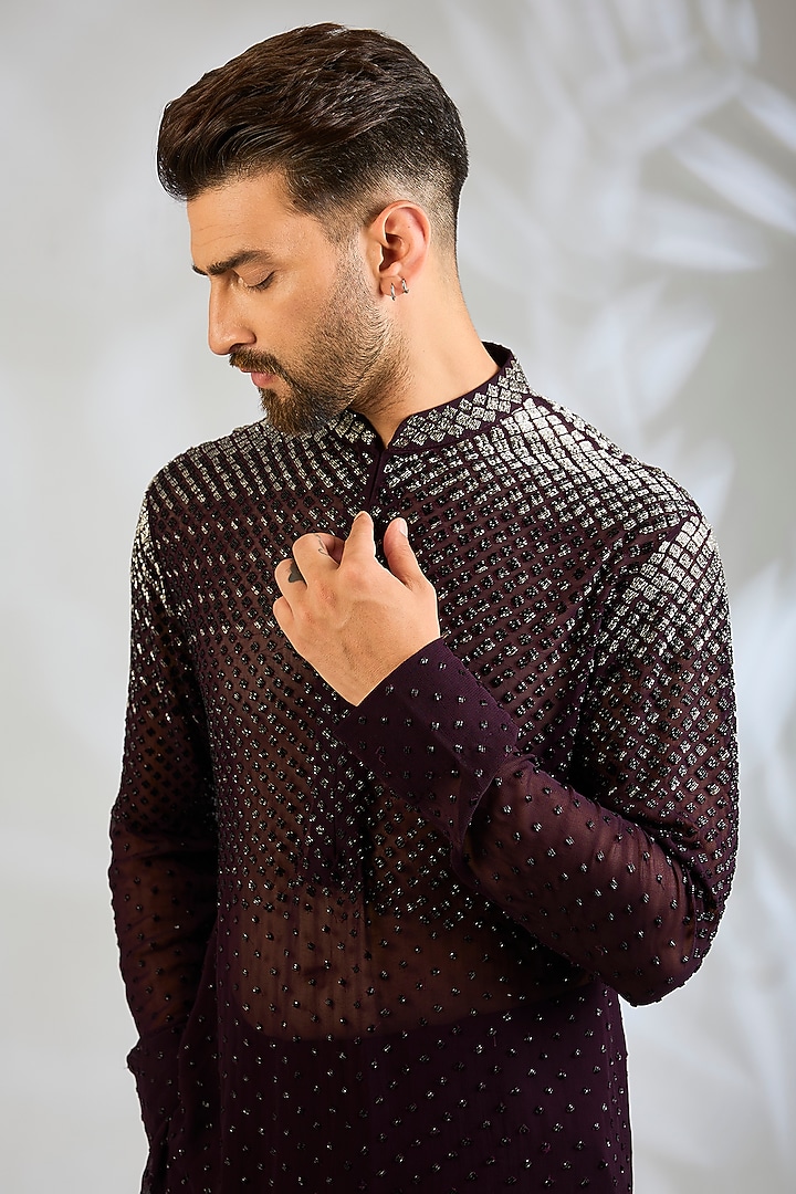 Wine Georgette Kurta Set by Sawan Gandhi Men at Pernia's Pop Up Shop