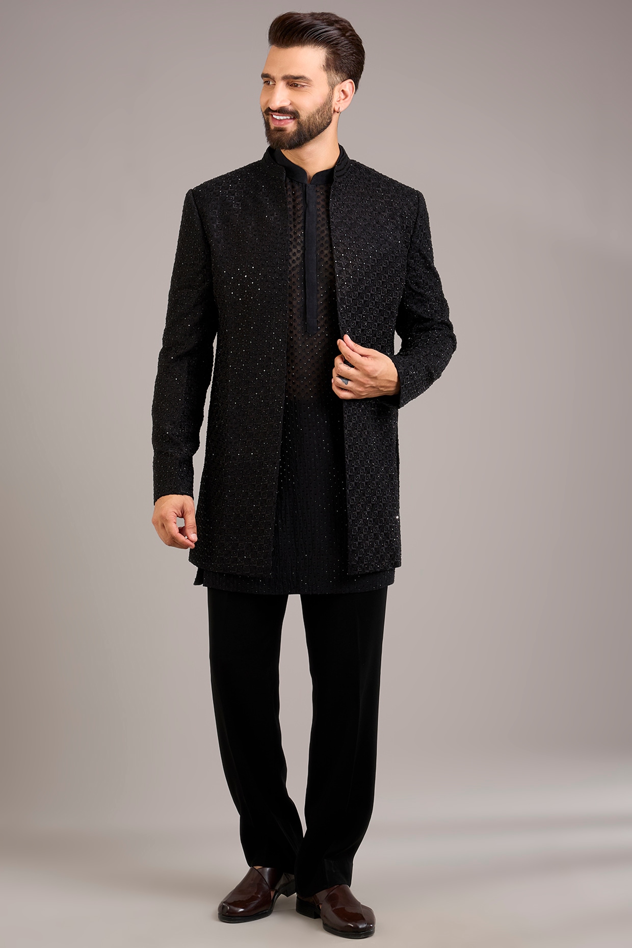 Sawan Gandhi Black Silk Embroidered Indowestern Set