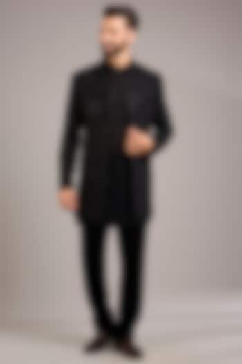 Black Silk Embroidered Groom Indowestern Set by Sawan Gandhi Men at Pernia's Pop Up Shop