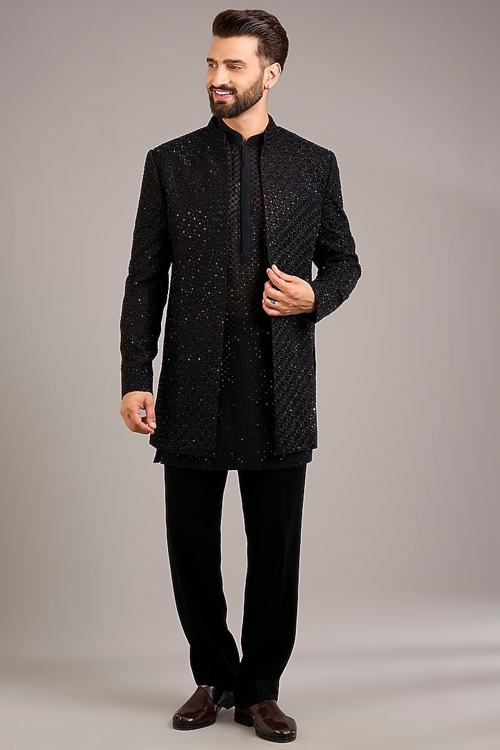 Black Silk Embroidered Groom Indowestern Set by Sawan Gandhi Men at Pernia's Pop Up Shop