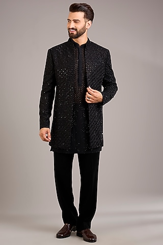 Black Silk Embroidered Indowestern Set by Sawan Gandhi Men
