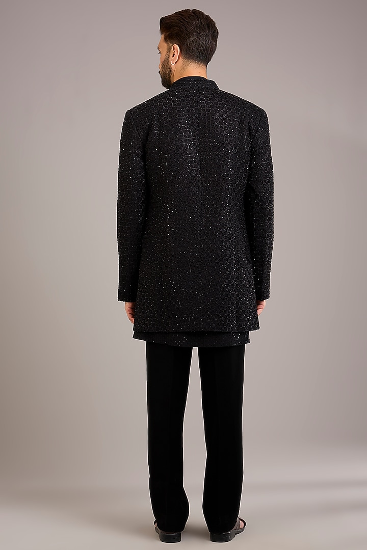 Black Silk Embroidered Groom Indowestern Set by Sawan Gandhi Men at Pernia's Pop Up Shop