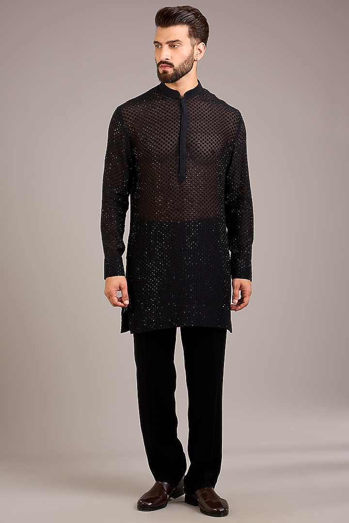 Black Silk Embroidered Groom Indowestern Set by Sawan Gandhi Men at Pernia's Pop Up Shop