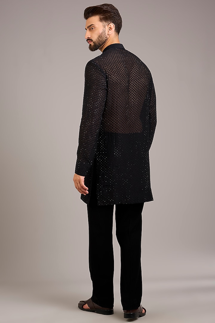 Black Silk Embroidered Groom Indowestern Set by Sawan Gandhi Men at Pernia's Pop Up Shop