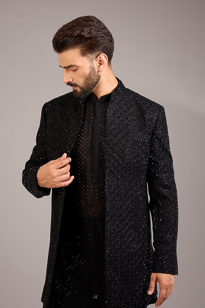 Black Silk Embroidered Groom Indowestern Set by Sawan Gandhi Men at Pernia's Pop Up Shop