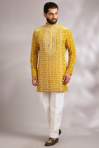Mustard Velvet Kurta Set by Sawan Gandhi Men