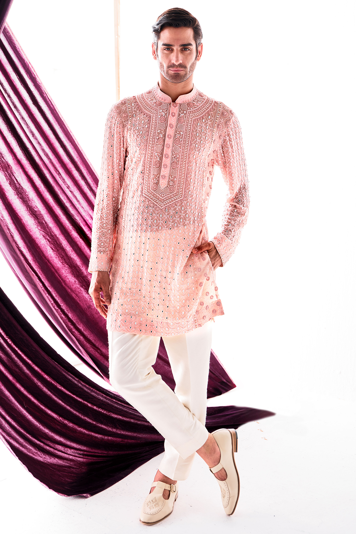 Peach Georgette Chikankari Kurta Set by Sawan Gandhi Men at Pernia's Pop Up Shop