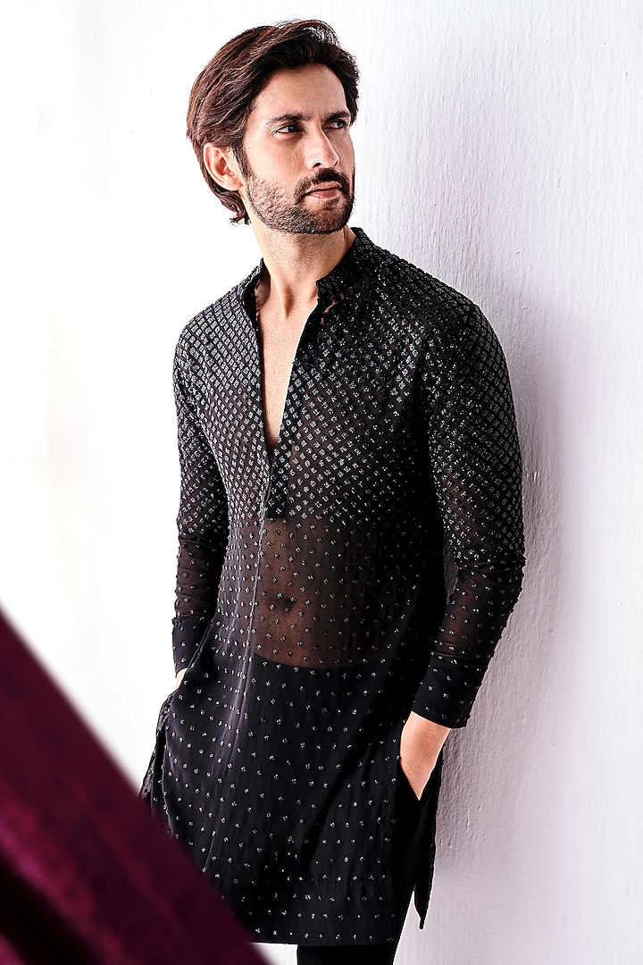 Black Georgette Cutdana Embroidered Sheer Kurta Set by Sawan Gandhi Men at Pernia's Pop Up Shop