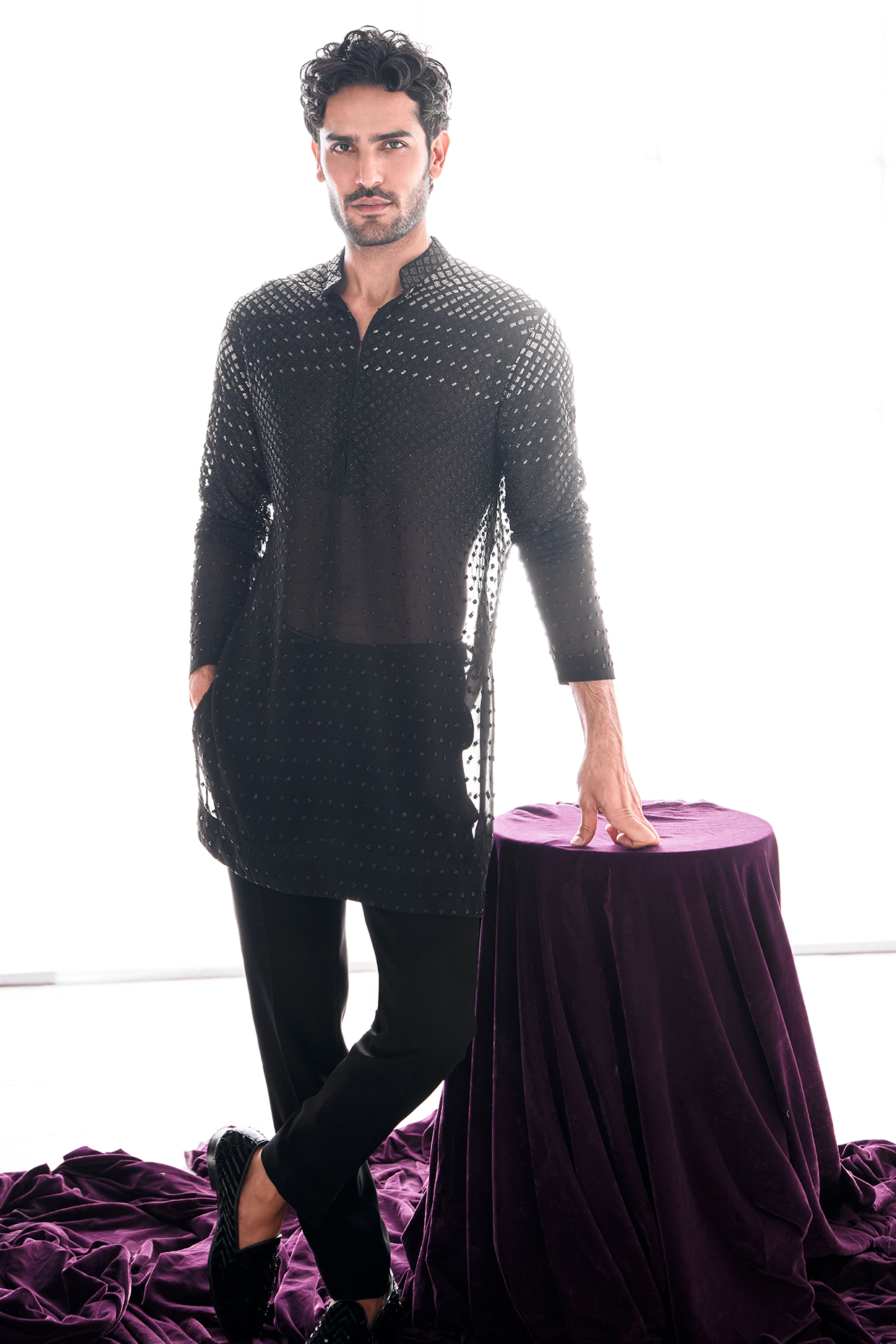 Black Georgette Cutdana Work Ombre Kurta Set by Sawan Gandhi Men