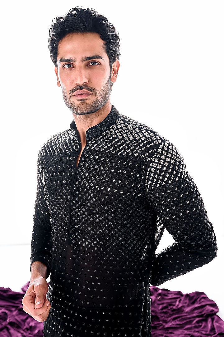Black Georgette Cutdana Work Ombre Kurta Set by Sawan Gandhi Men at Pernia's Pop Up Shop