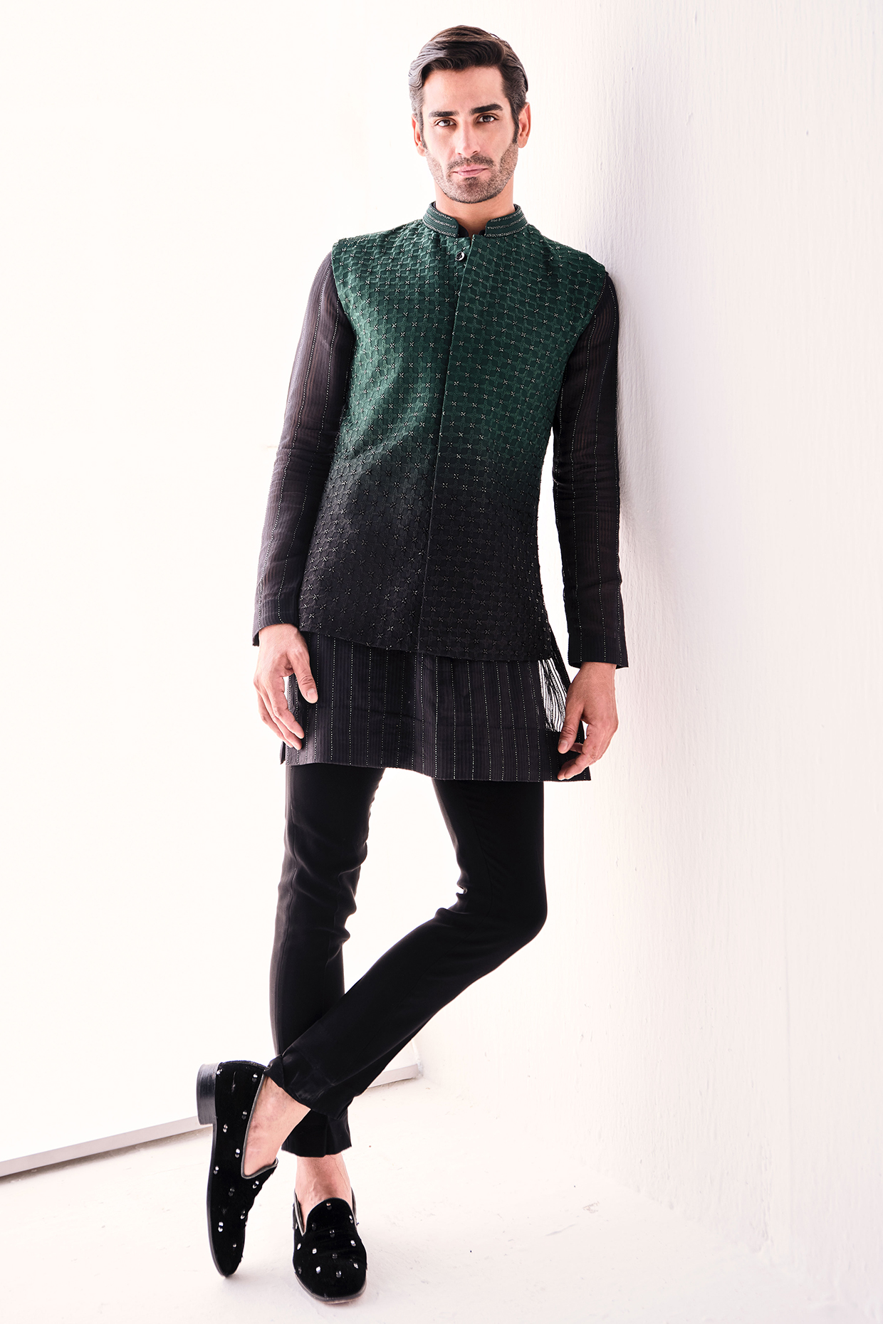 Teal & Black Velvet Thread Work Ombre Nehru Jacket Set by Sawan Gandhi Men