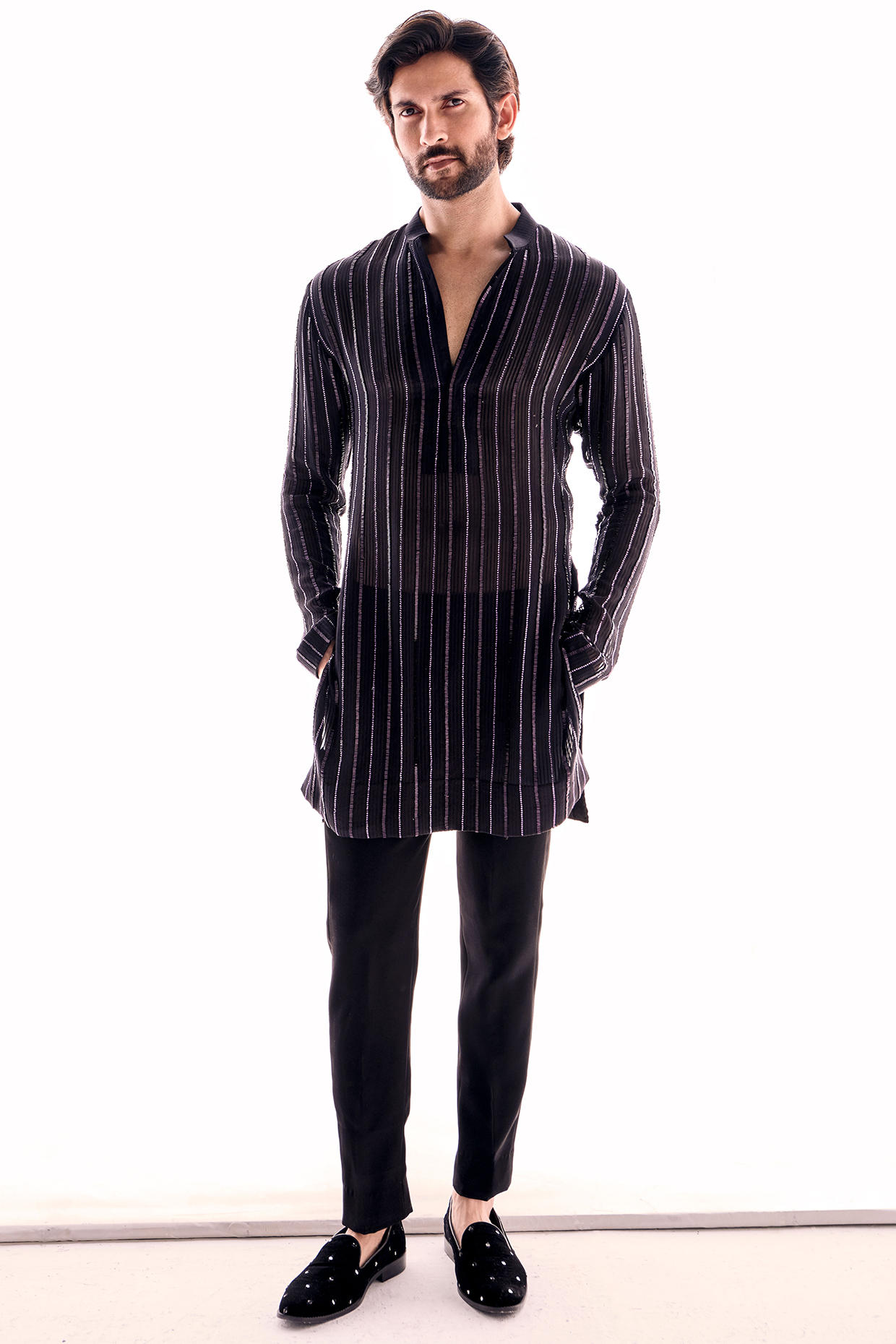 Wine Georgette Sheer Kurta Set by Sawan Gandhi Men