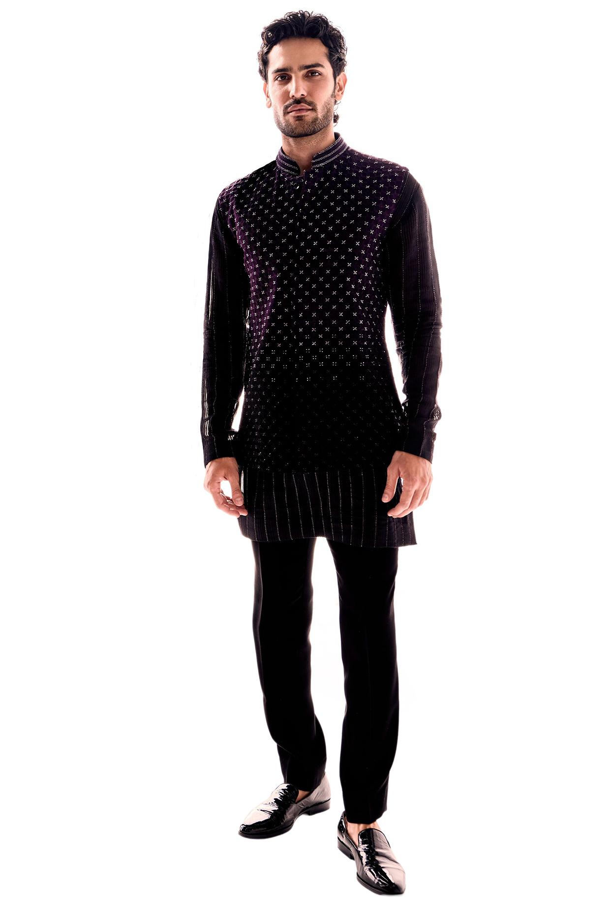 Wine & Black Velvet Thread Work Ombre Nehru Jacket Set by Sawan Gandhi Men at Pernia's Pop Up Shop
