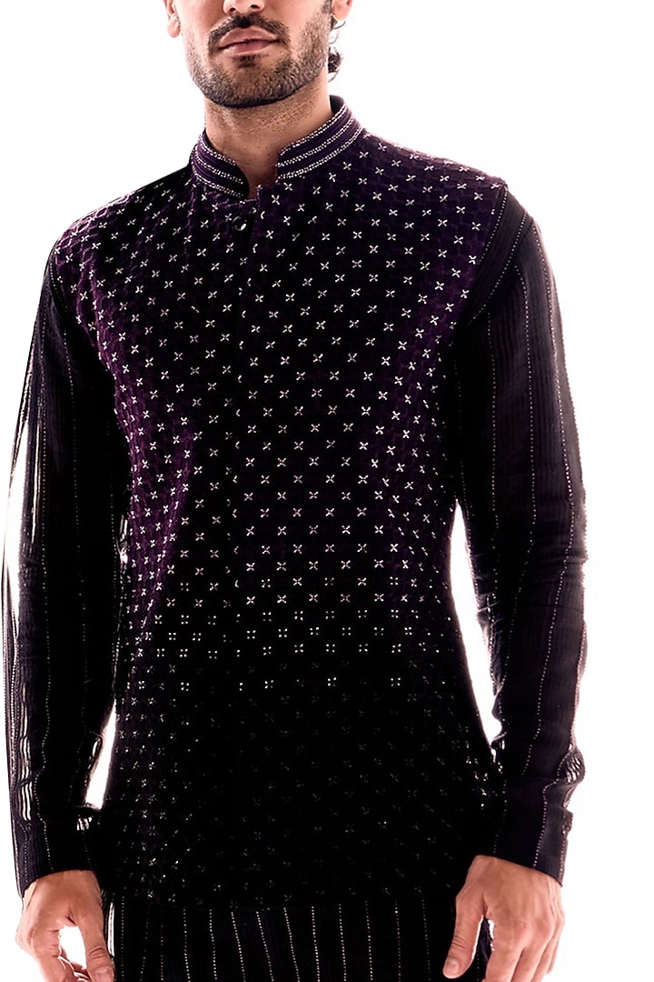Wine & Black Velvet Thread Work Ombre Nehru Jacket Set by Sawan Gandhi Men at Pernia's Pop Up Shop