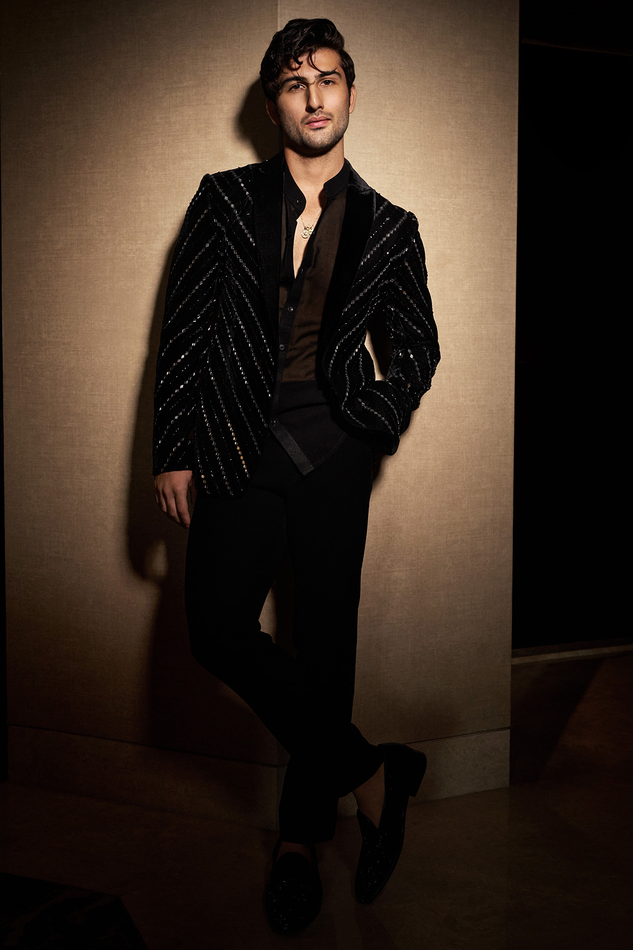 Black Velvet Mirror Work Blazer Set by Sawan Gandhi Men