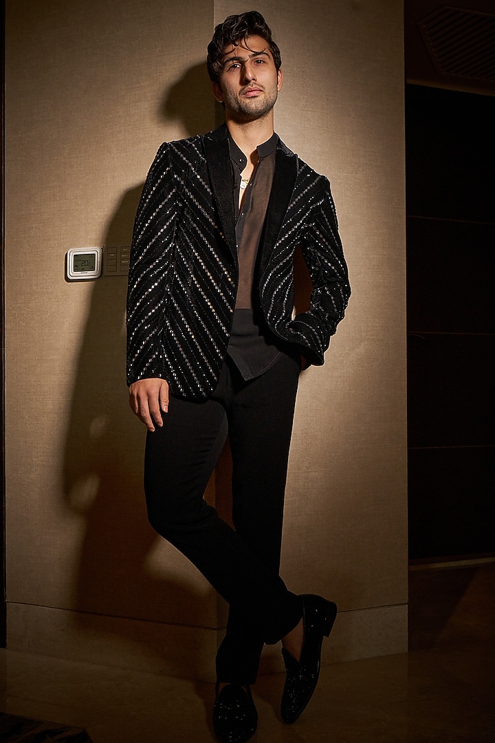 Black Velvet Mirror Work Blazer Set by Sawan Gandhi Men at Pernia's Pop Up Shop