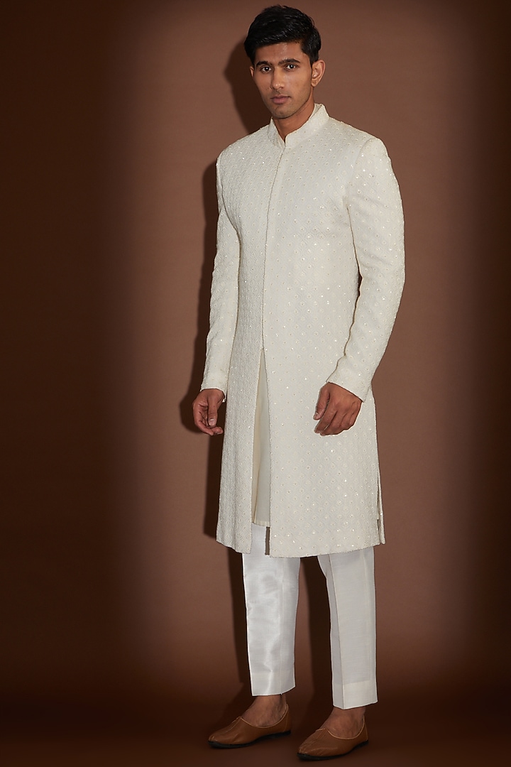 Ivory Georgette Sequins Embroidered Groom Sherwani by Sawan Gandhi Men at Pernia's Pop Up Shop