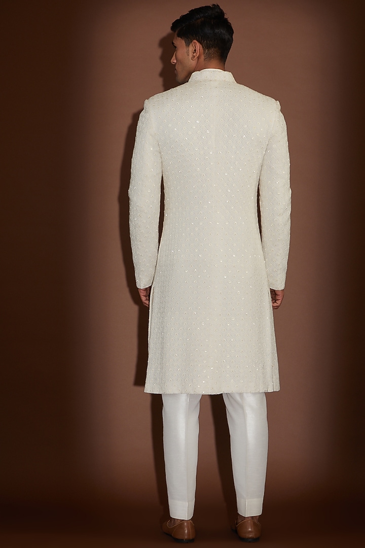 Ivory Georgette Sequins Embroidered Groom Sherwani by Sawan Gandhi Men at Pernia's Pop Up Shop