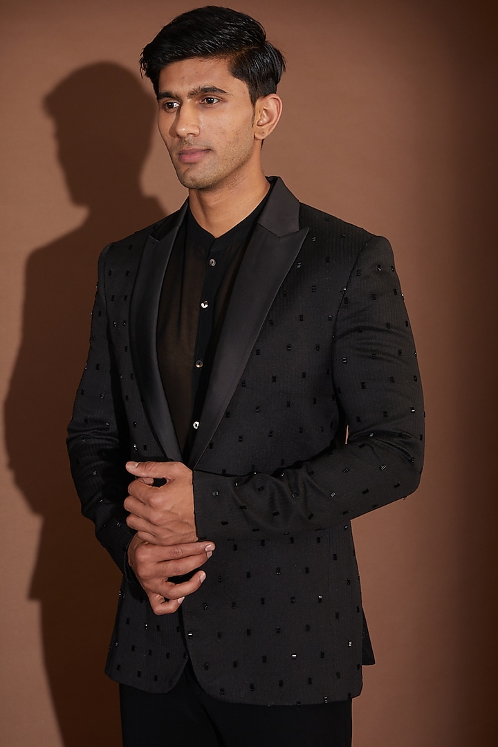 Black Ghicha Organza Cutdana Embroidered Tuxedo by Sawan Gandhi Men at Pernia's Pop Up Shop