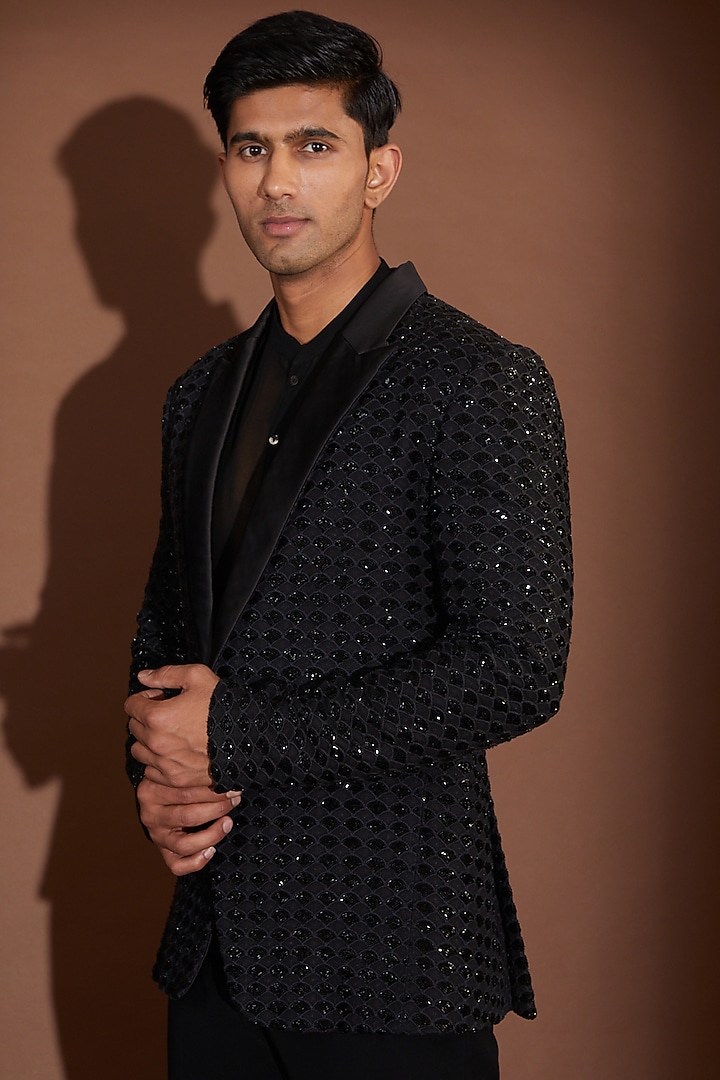 Black Georgette Cutdana Embroidered Tuxedo by Sawan Gandhi Men at Pernia's Pop Up Shop