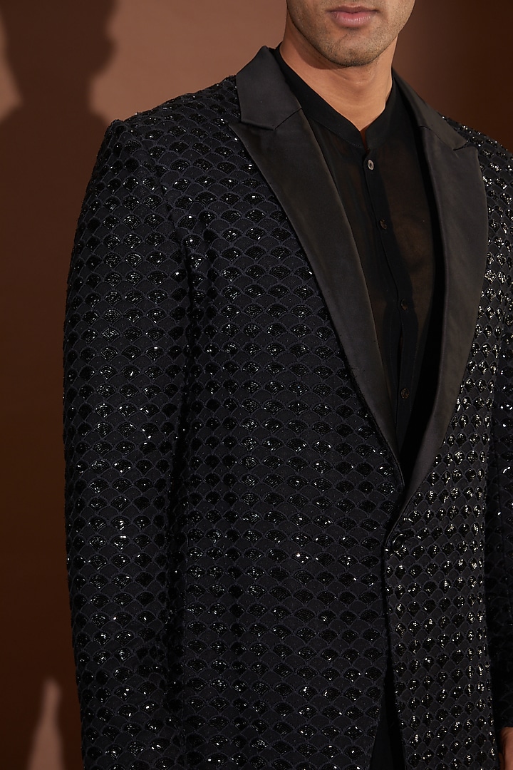 Black Georgette Cutdana Embroidered Tuxedo by Sawan Gandhi Men at Pernia's Pop Up Shop